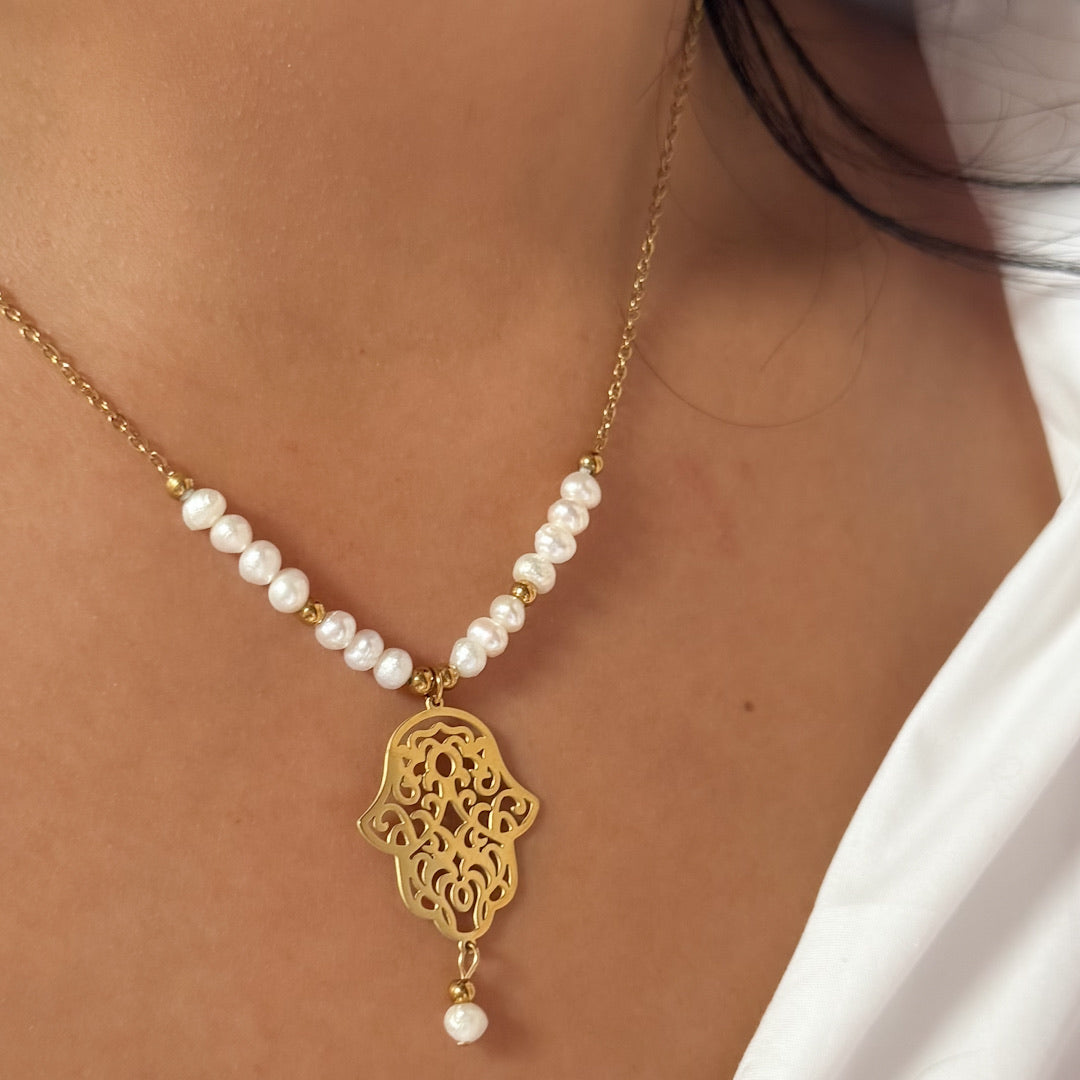 Collier Main de Fatma en Acier Inoxydable avec Pierres de Culture