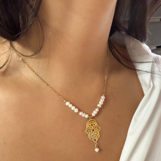 Collier Main de Fatma en Acier Inoxydable avec Pierres de Culture