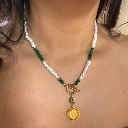 Collier perle d'eau douce coq touche verte